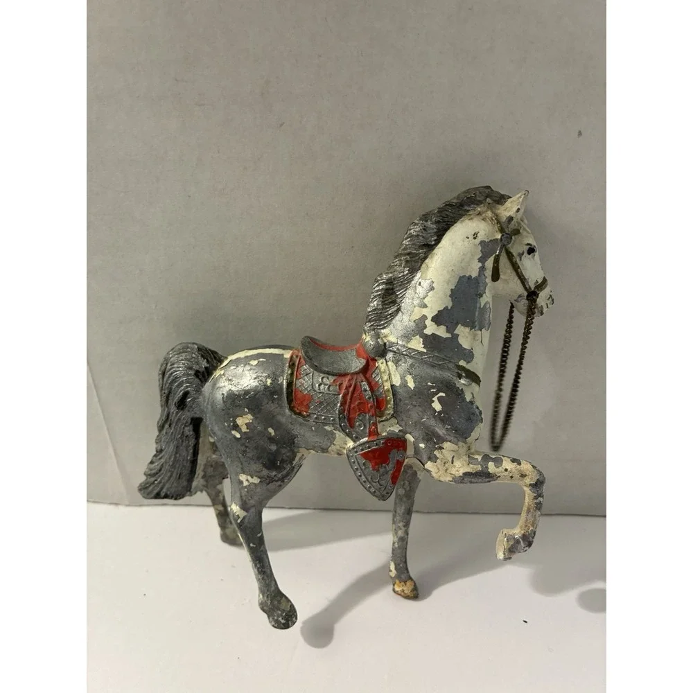 Vintage Cast Iron Horse Figurine Chain Reins Red Saddle Toy Gray White Pony